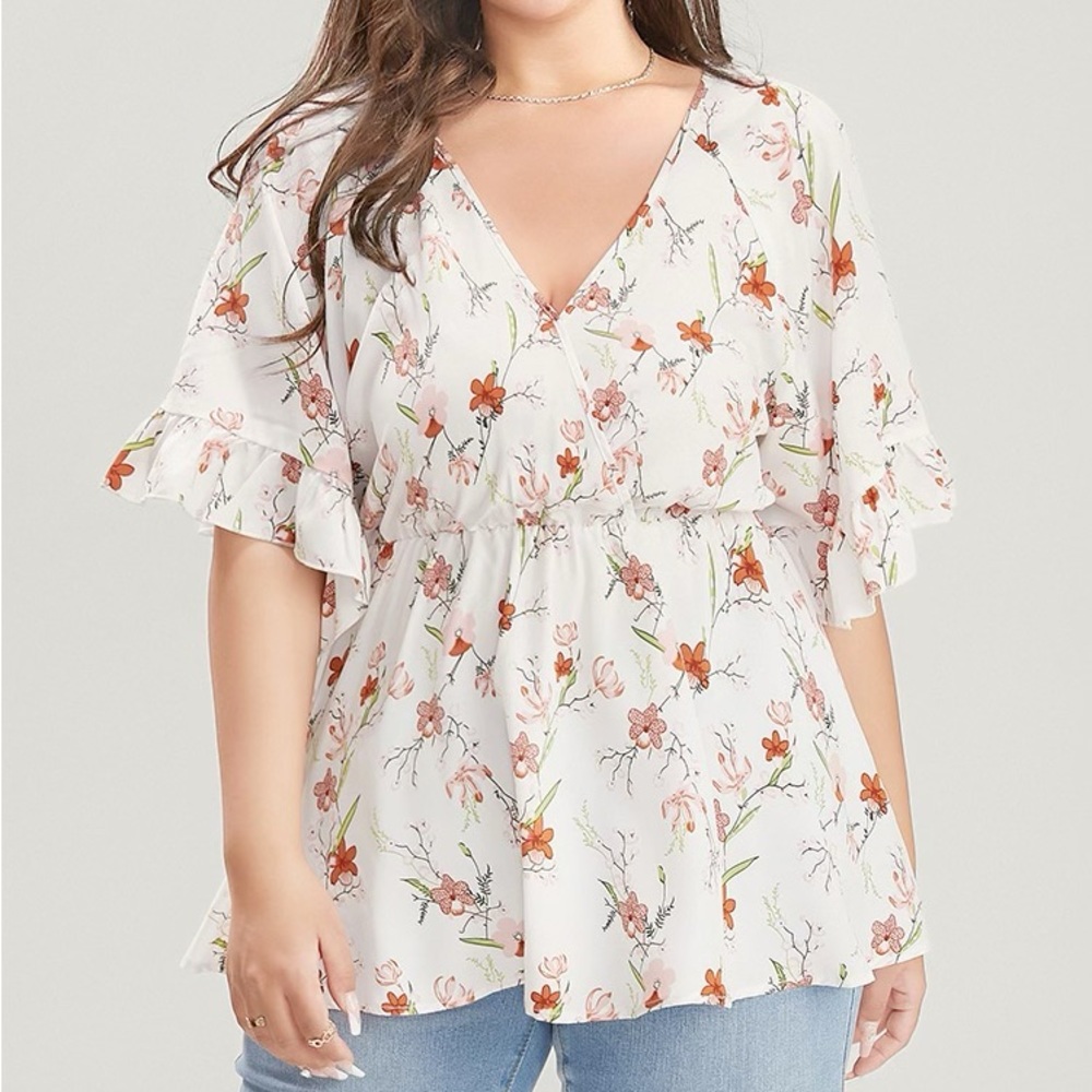 BloomChic Cream & Orange Floral Surplice Ruffle Sleeve Top Size 10 Medium